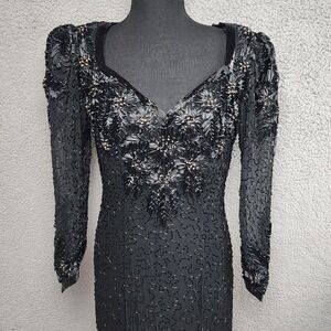 Vtg De Oscar Dress 8 Silk Beaded Black Formal Cocktail Embroidered Maxi Retro